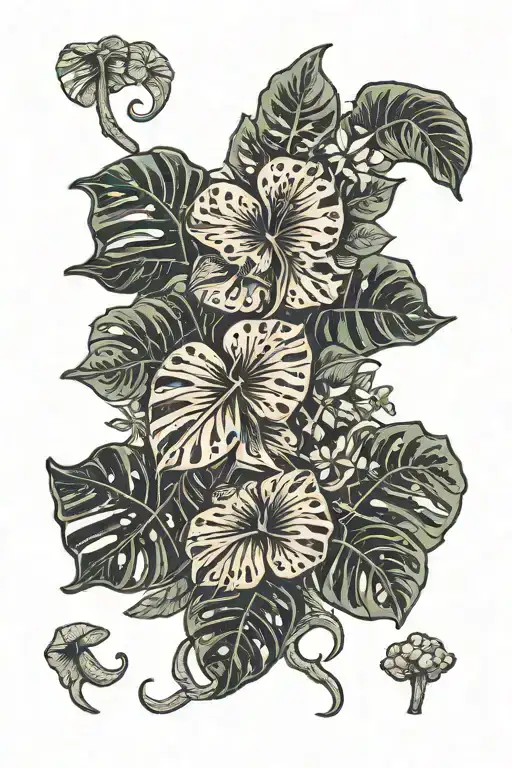 Monstera Leaves Mushrooms Flowers