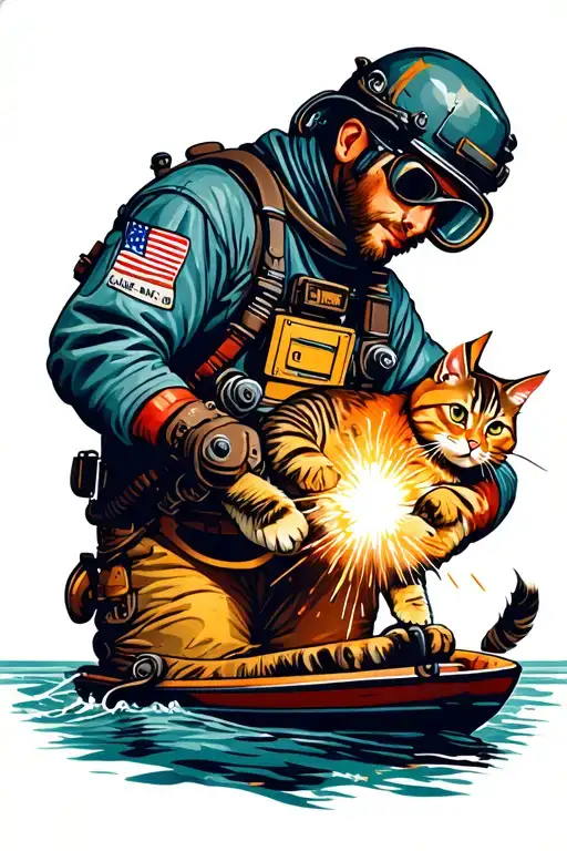 Commercial Diver Holding Cat In Arm While Welding Boat