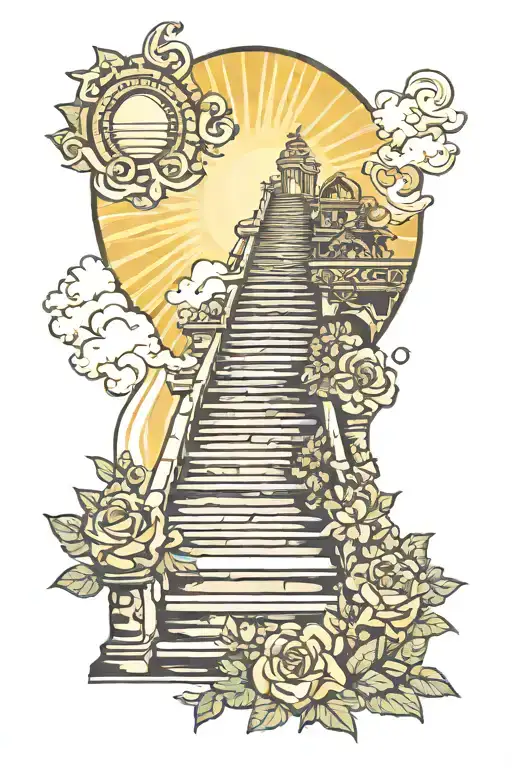 Stair Case Leading To Heaven With Flowers And Sunshine