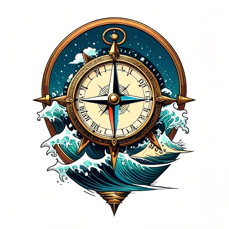 Compass And Clock And A Wave Crashing