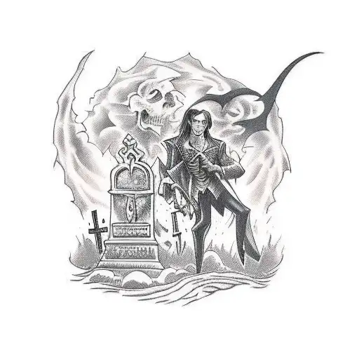 Back Tattoo With A Vampire Who Bites A Woman In A Cemetery With A Vampire Castle In The Background