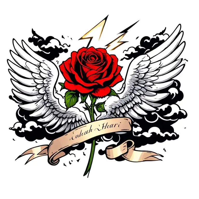 Red Rose With Gothic Wings Around It Protecting From Storm Clouds And Lightning Bolts