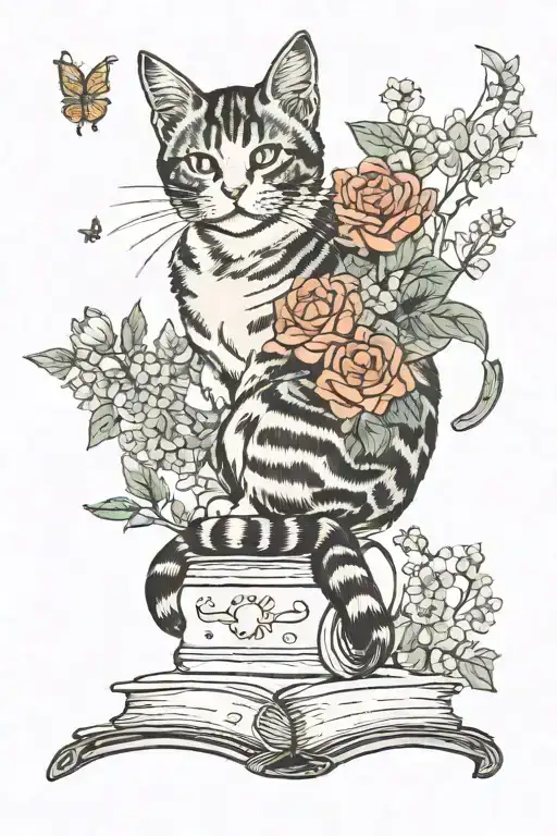A Cat Lounging In A Field Of Flowers With A Slice Of Cake And A Book Nearby