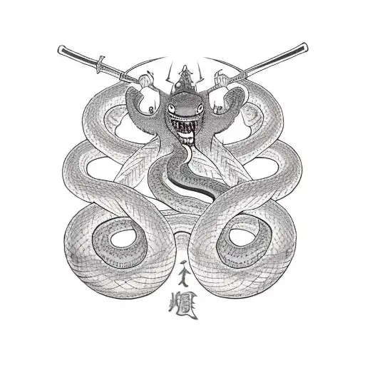 A Japanese God Killing A 7-Headed Snake With A Sword