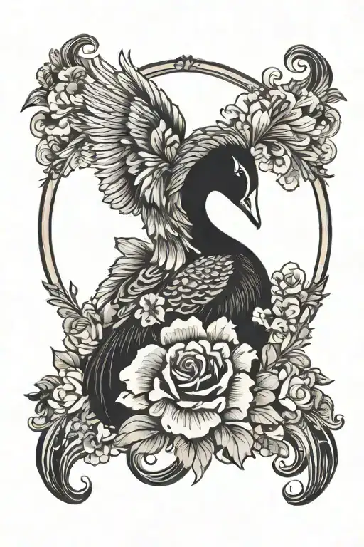 Black Swan Portrait In Round Baroque Frame