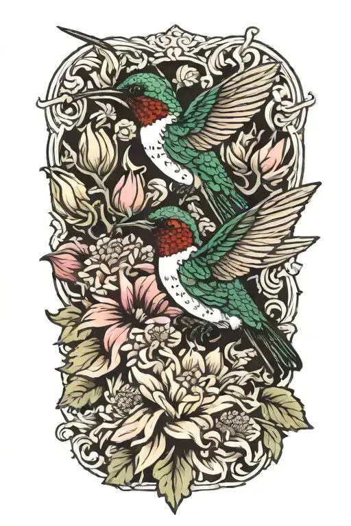 One Hummingbird Perched On Bouquet Of Dahlias