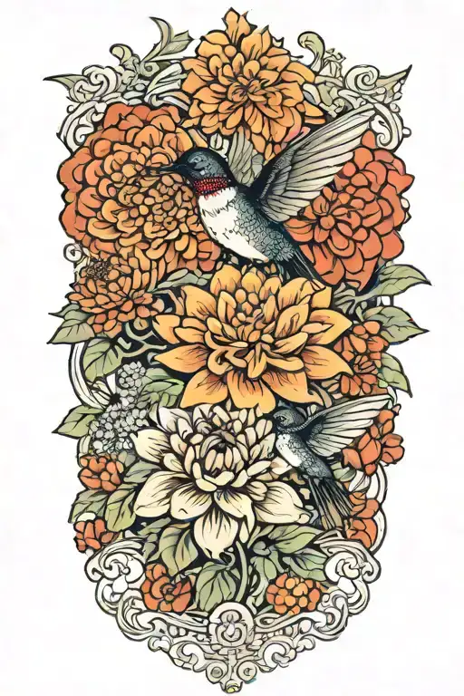 One Hummingbird Perched On Bouquet Of One Orange Dahlia And One Red Dahlia