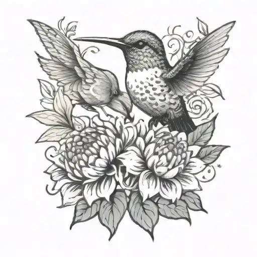 One Hummingbird Perched On Bouquet Of One Orange Dahlia And One Red Dahlia