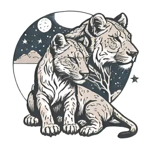 A Lioness And Cub Under A Starry Night Sky Full Moon