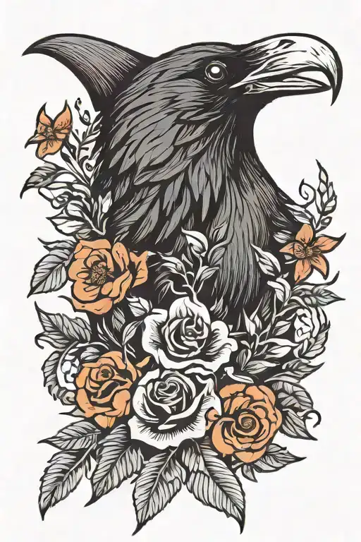 Raven Head Profile Holding Flowers Blooming Flowers