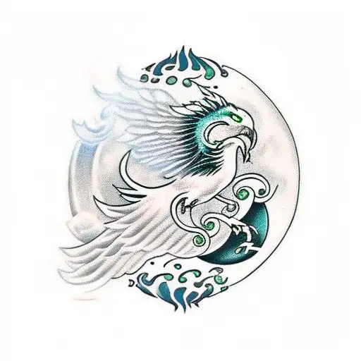 The Emerald Phoenix Rising From The Flames Towards The Moon At Night