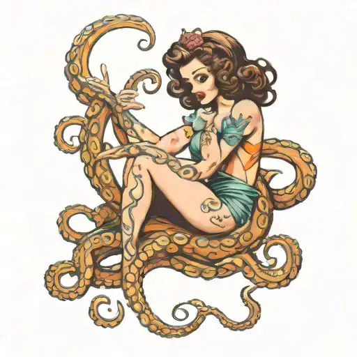 Octopus Holding Pin-up Girl Sitting In Tentacles