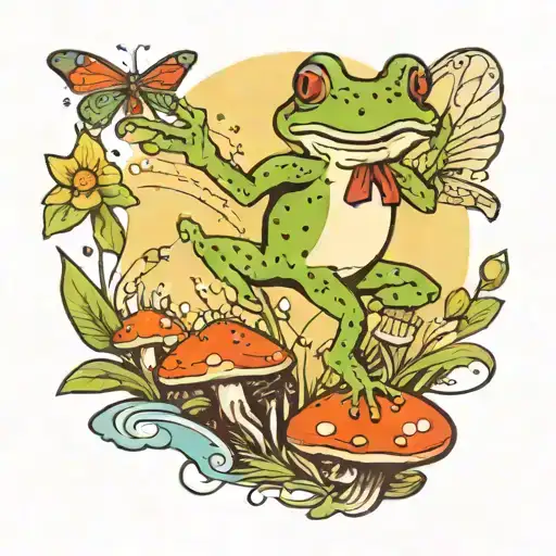 A Traditional Tattoo Of A Frog Dancing With A Fairy In A Meadow Filled With Mushrooms