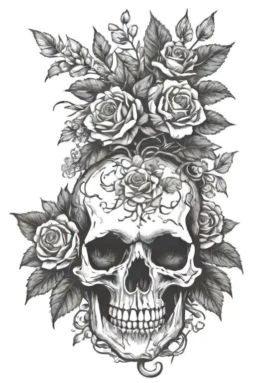 Decaying Skull With Flowers Growing Out The Top And Roots Out The Bottom