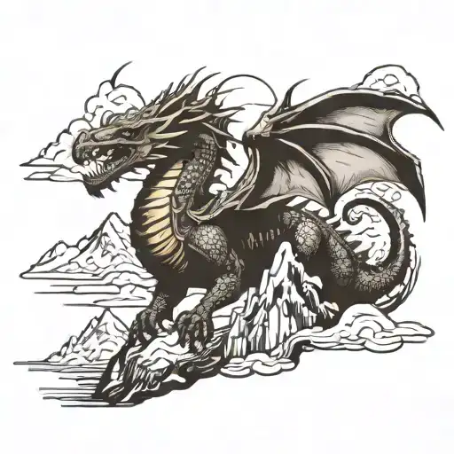 An Epic Scene From The Hobbit Featuring A Majestic Dragon Flying Over A Mountain Landscape