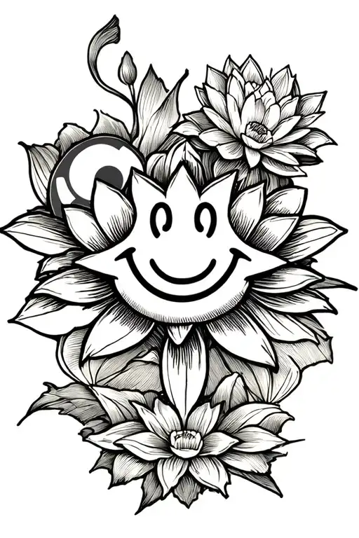 Smiley Face Badge Incorporated Into The Design Featuring Lotus Flower And Nippon Flag