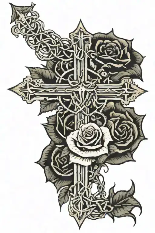 Cross With Crown Thorns And Rose Intertwined Representing The Client's