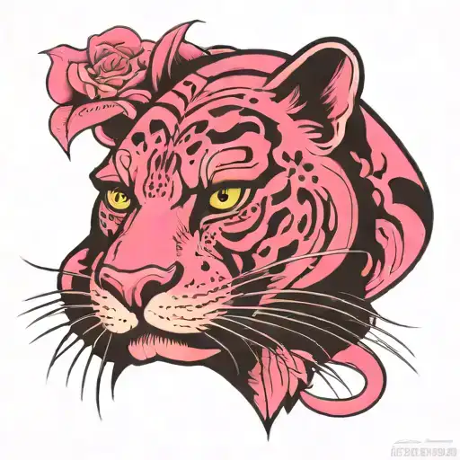 Panther In Pink Color With His Angry Face In Traditional Style