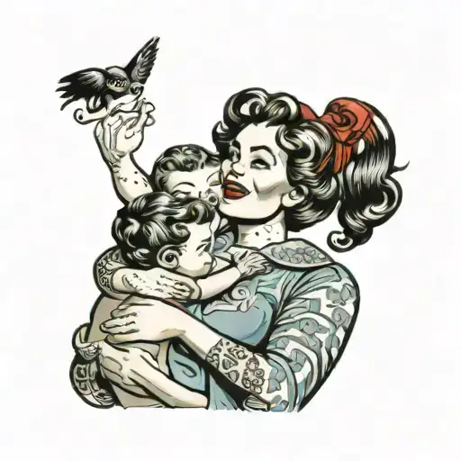 American Old School Mother Holding Her Children