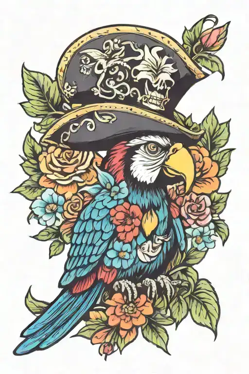 A Pirate Parrot Wearing A Hat Surrounded By Colorful Flowers