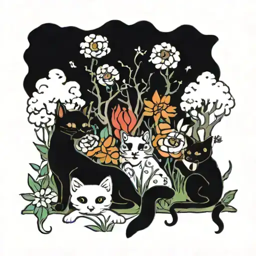 A Spooky Forest Scene With Cats Playing Among The Flowers