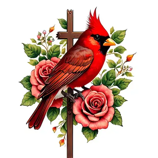Cross And Roses With A Red Cardinal Perched