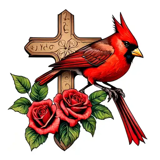 Cross And Roses With A Red Cardinal Perched