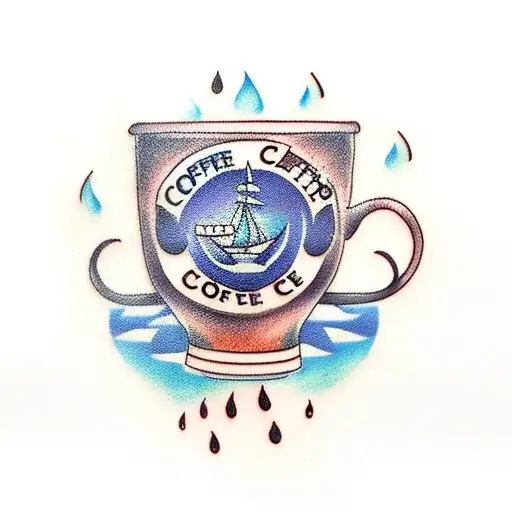 Coffee Cup With A Ship In It And A Rain Cloud