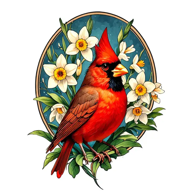 Cardinal With Narcissus And Chrysanthemums Flower