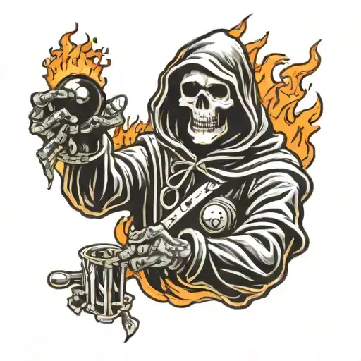 Hand Tattoo Of Grim Reaper Grabbing Billards Eight Ball Thats On Fire