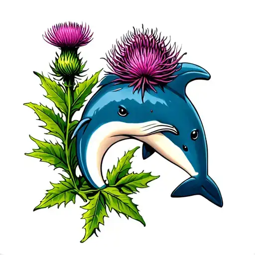 A Traditional Scottish Thistle Intertwined With A Dolphin