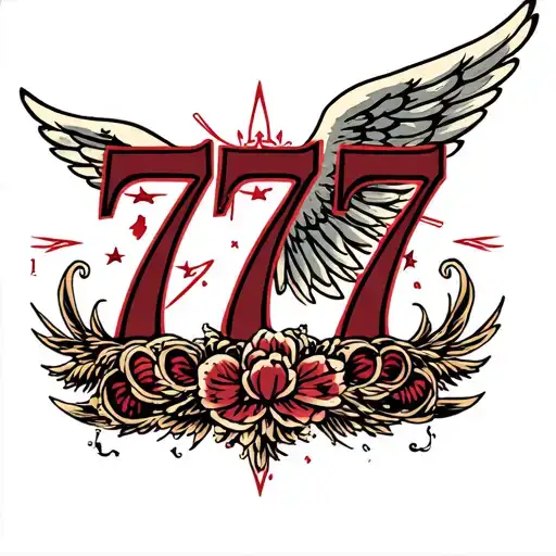 The Number 777 In Deep Red With Angel Wings On Each Side