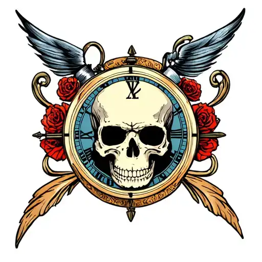 American Traditional Skull With A Clock Surrounded