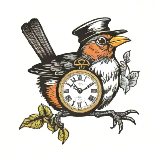 A Robin With A Curly White Mustache And A Pocket Watch Strapped On Its Paw