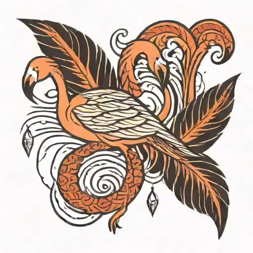 A Tribal-inspired Flamingo Design Incorporating Feathers And Waves