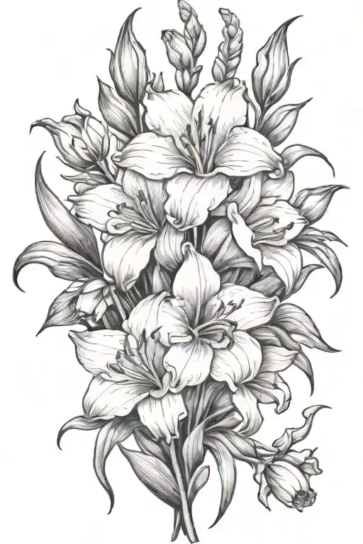 Gladiolous Flowers Grouped With Daffodil And Red Rose