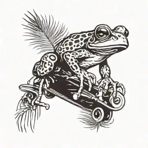 A Detailed Blackwork Tattoo Of A Frog Riding A Skateboard Through A Palm Tree Forest