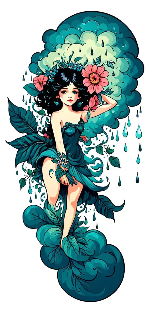 Floral Pattern With A Sprite Surrounded By Rain Clouds