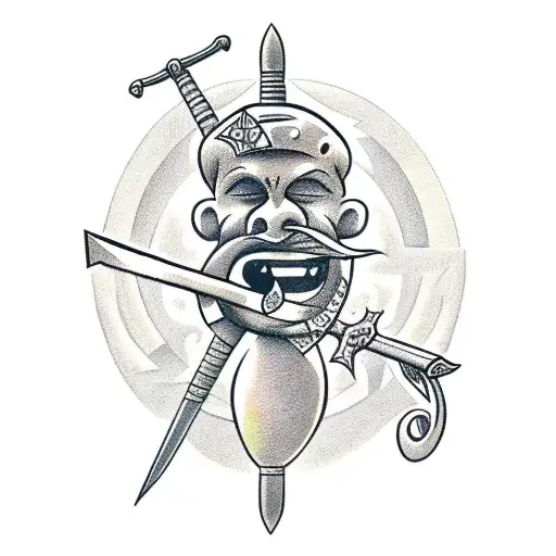 A Less Abstract Tiki Figure With His Tongue Out And Pulling A Sword From Is Back