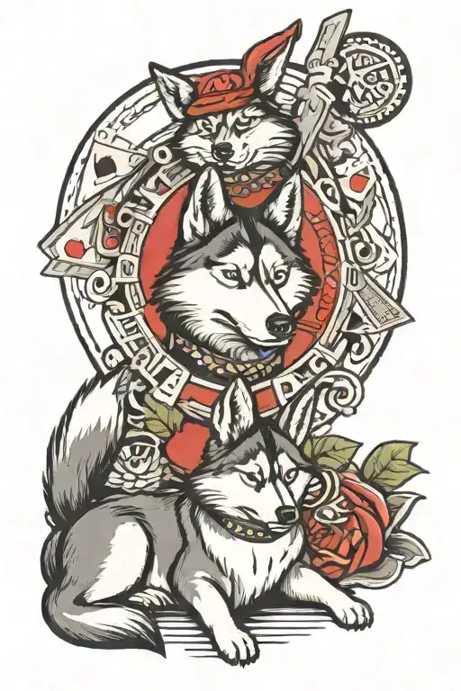 A Tattoo Design Of A Husky And A Rabbit Playing Blackjack Together
