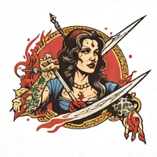 A Woman Who Is Yealling And Is Holding A Dagger In Her Hand Which Is Covered In Blood