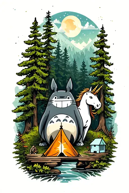Forest Camping With Totoro And Unicorn