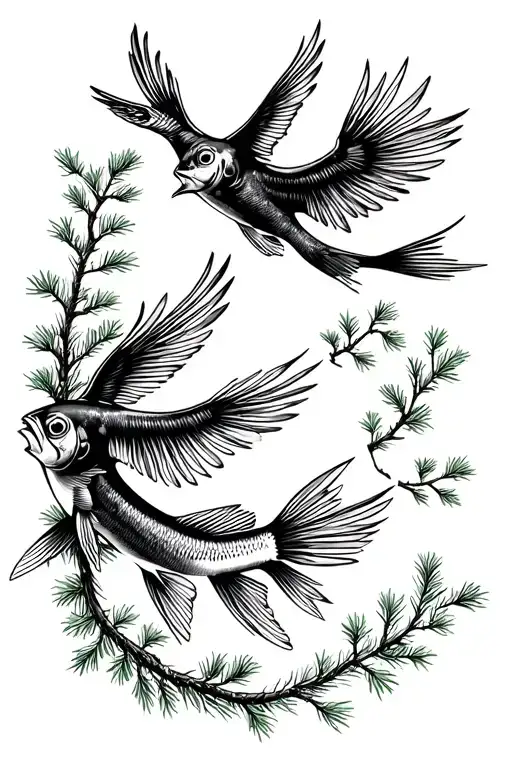 Fir Tree Fish In Nature Birds Flying Towards