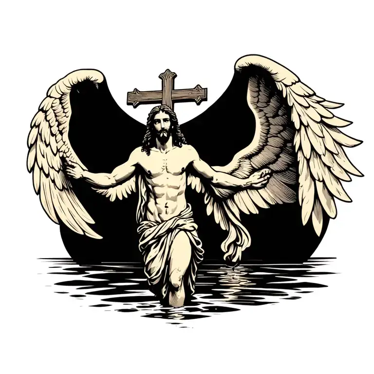 Cross Wings And Jesus Walking On Water