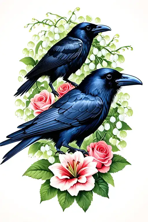 Two Ravens With Lily Of The Valley And Roses