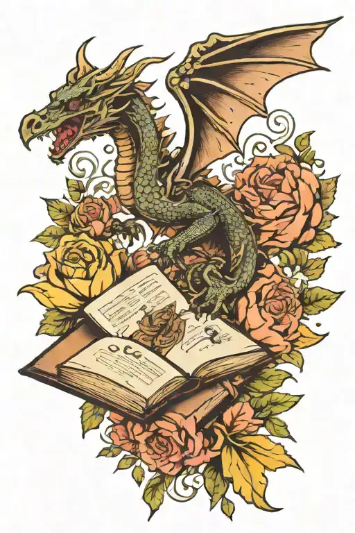 A Dragon Flying Out Of A Book Surrounded By Bold Floral