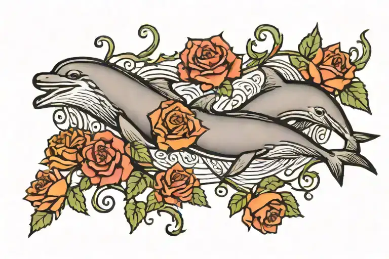 Tramp Stamp Two Dolpins Jumping Over A Rose Growing