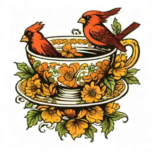Cardinal On Top Of Teacup With Marigold Flower