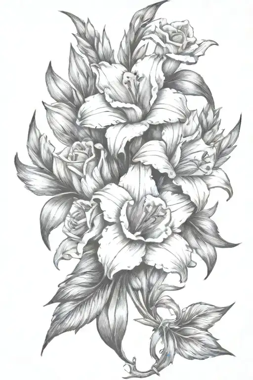 Gladiolous Flowers Grouped With Daffodil And Red Rose