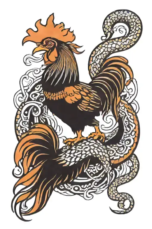 Rooster Fighting Snake Intertwined
